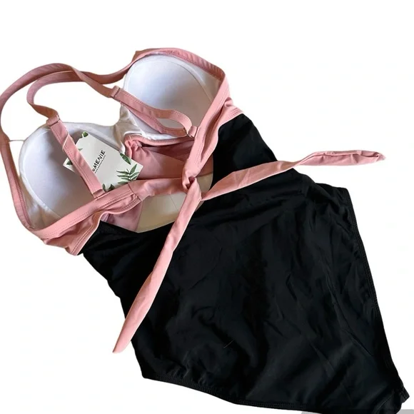 Eomenie One Piece women’s Tummy Control Cutout pink black M Swimsuit NWT - Picture 9 of 13